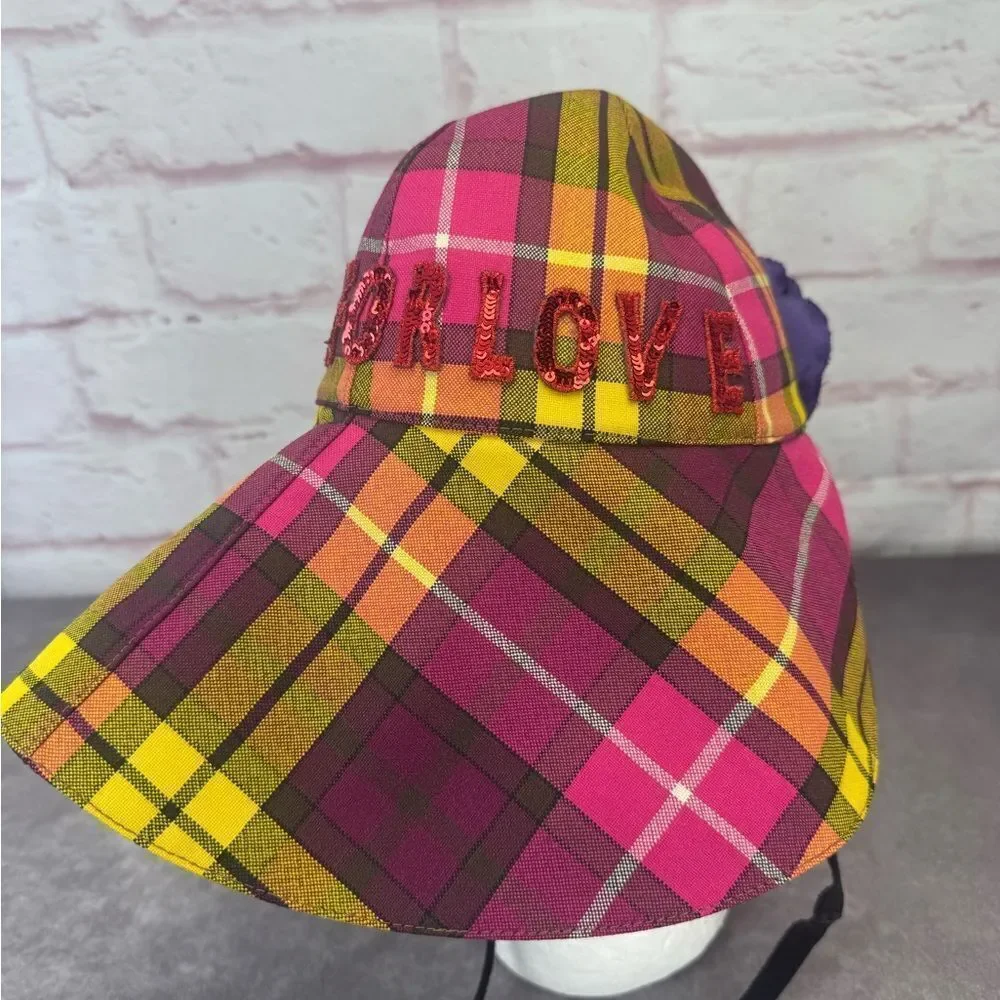 Gucci Kids Blind for Love Plaid Wide Brim Hat Sequin Floral Small NEW